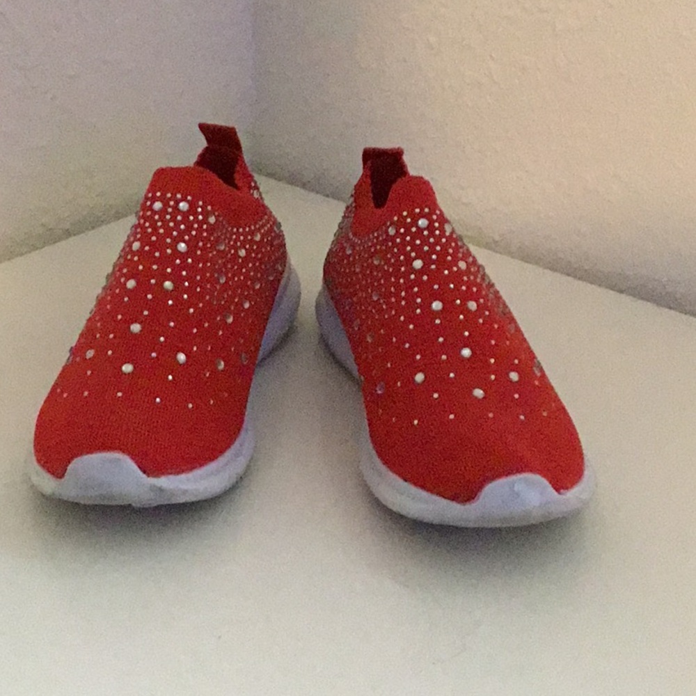 Red Slip-On Knit Sneakers with Crystal Detail